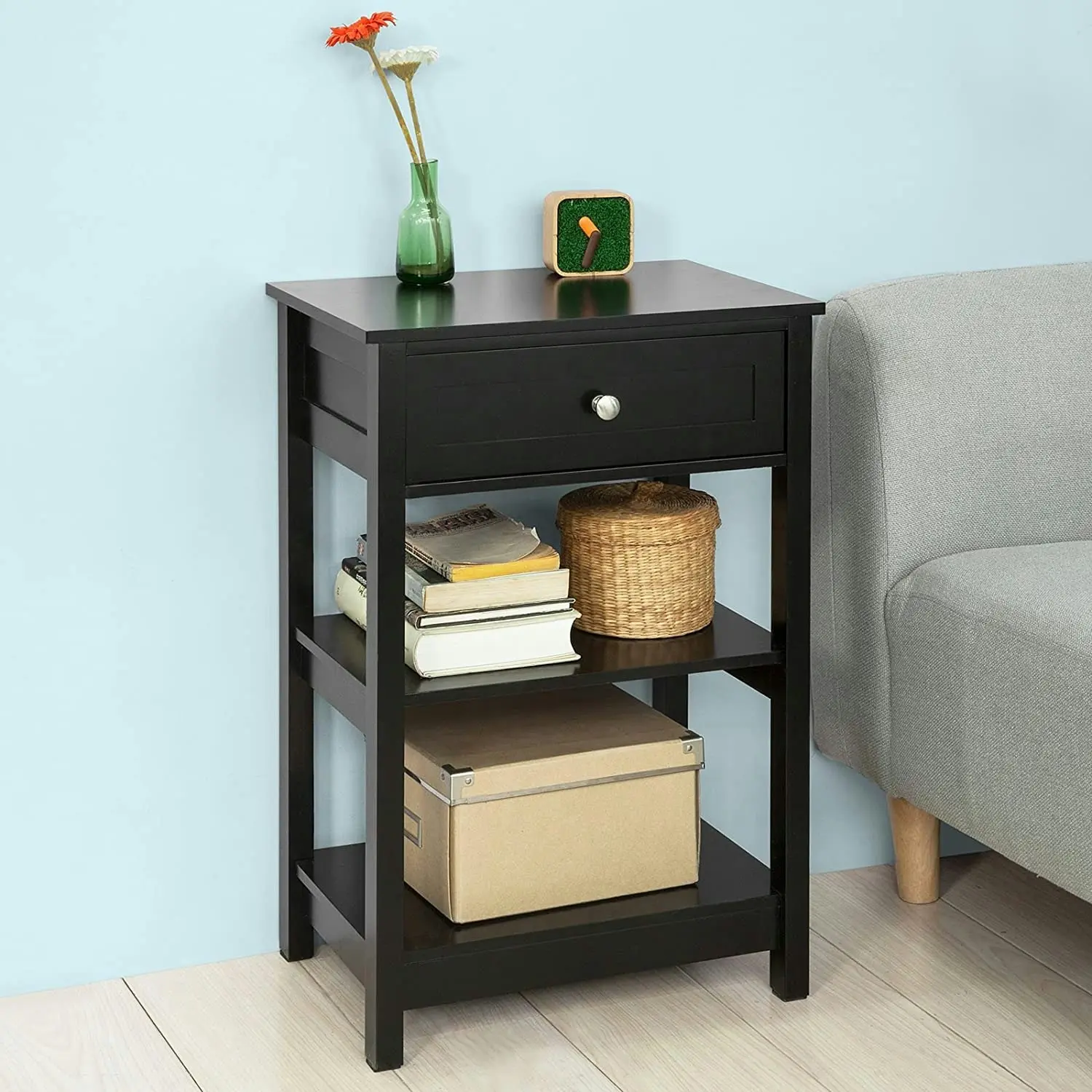 VIKUS Black Bedside Table with 1 Drawer and 2 Shelves