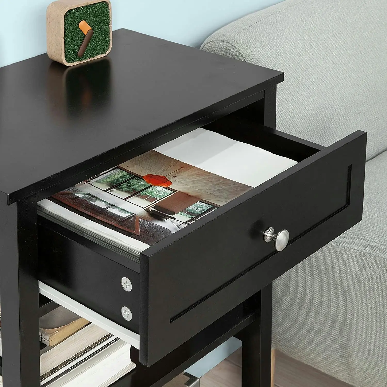 VIKUS Black Bedside Table with 1 Drawer and 2 Shelves