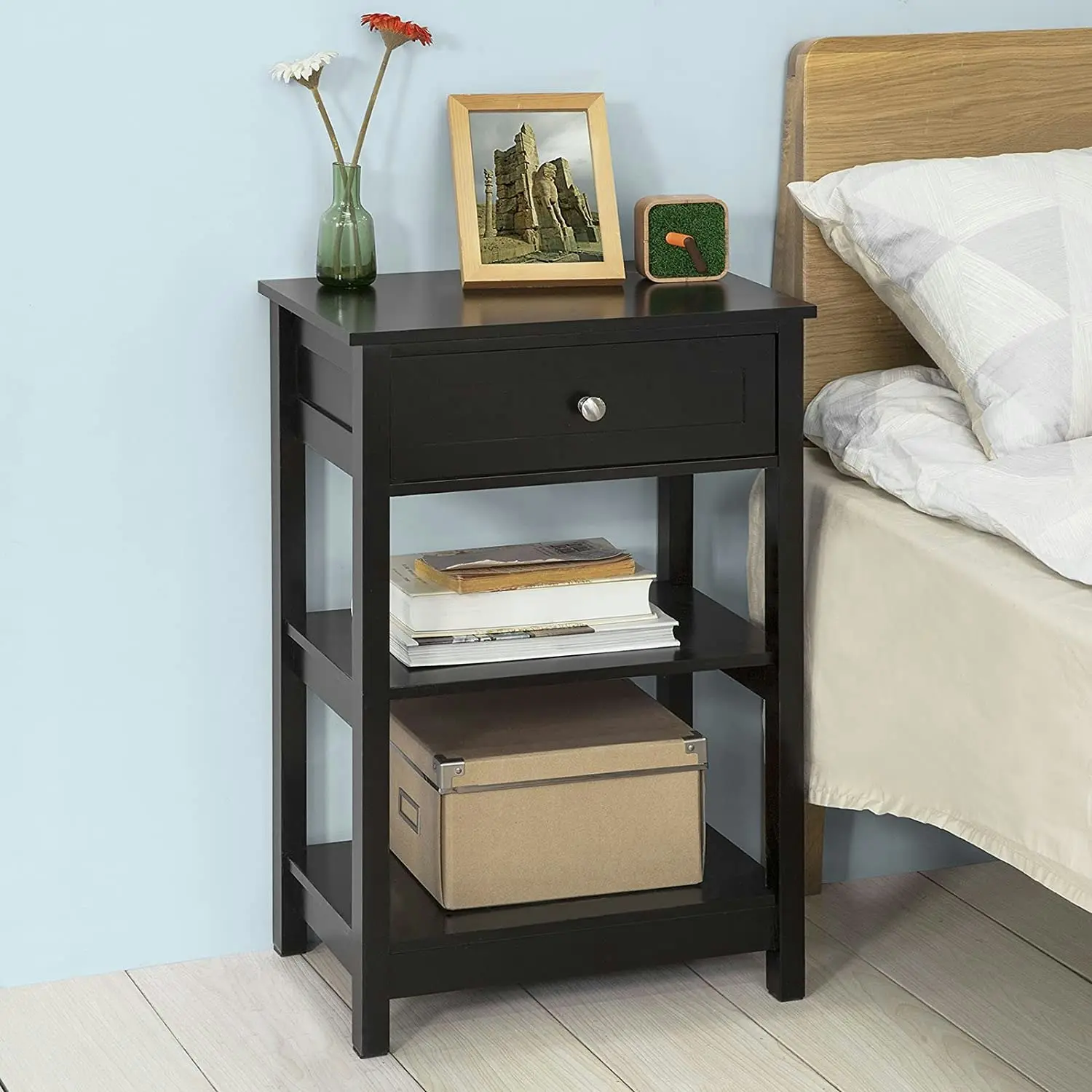 VIKUS Black Bedside Table with 1 Drawer and 2 Shelves