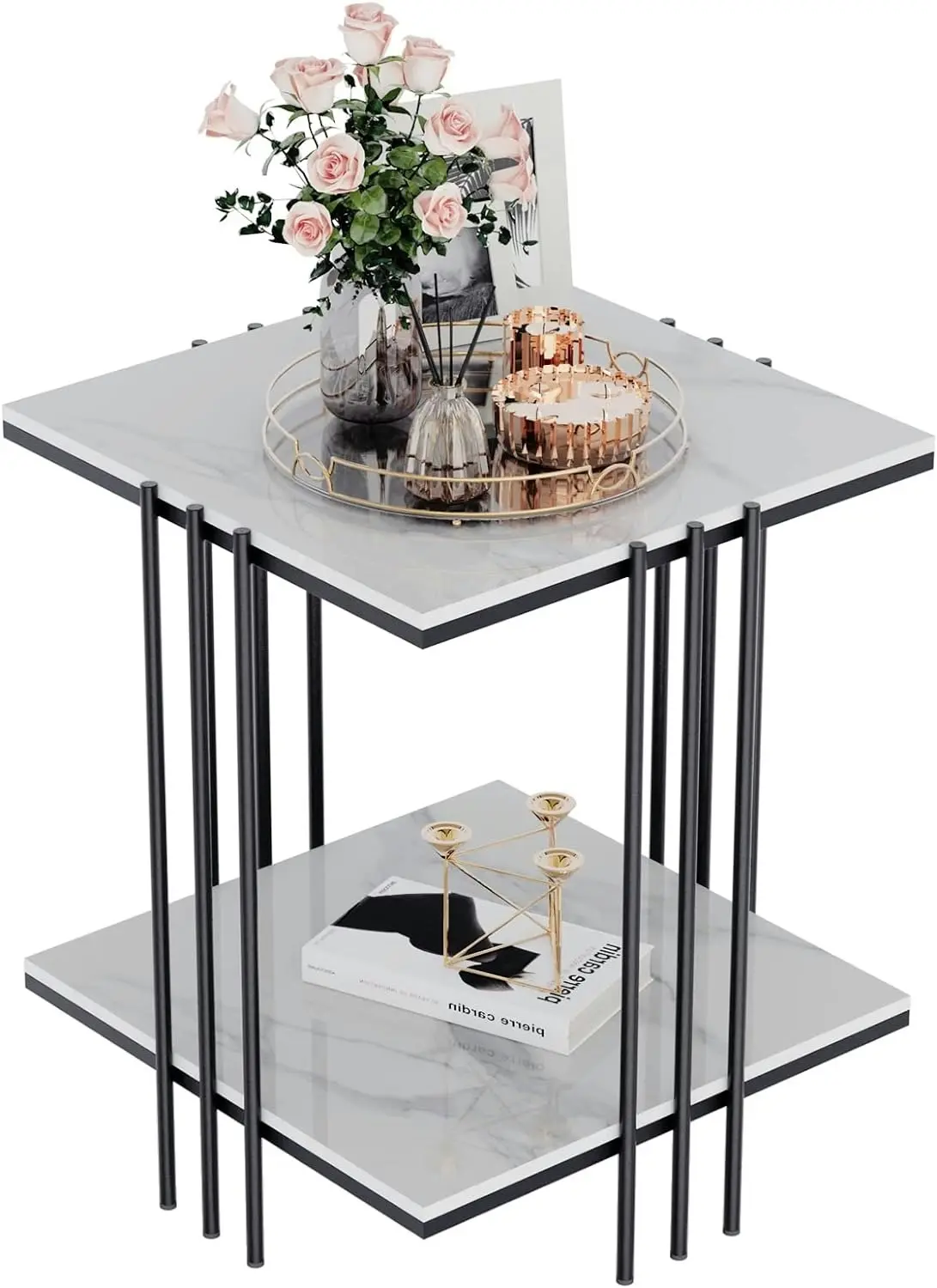 Marble Top Side Table Black 2-Tier