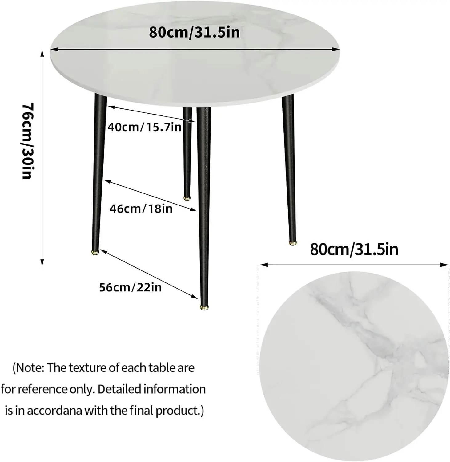 Kitchen Dining Table Marble Tabletop 80cm