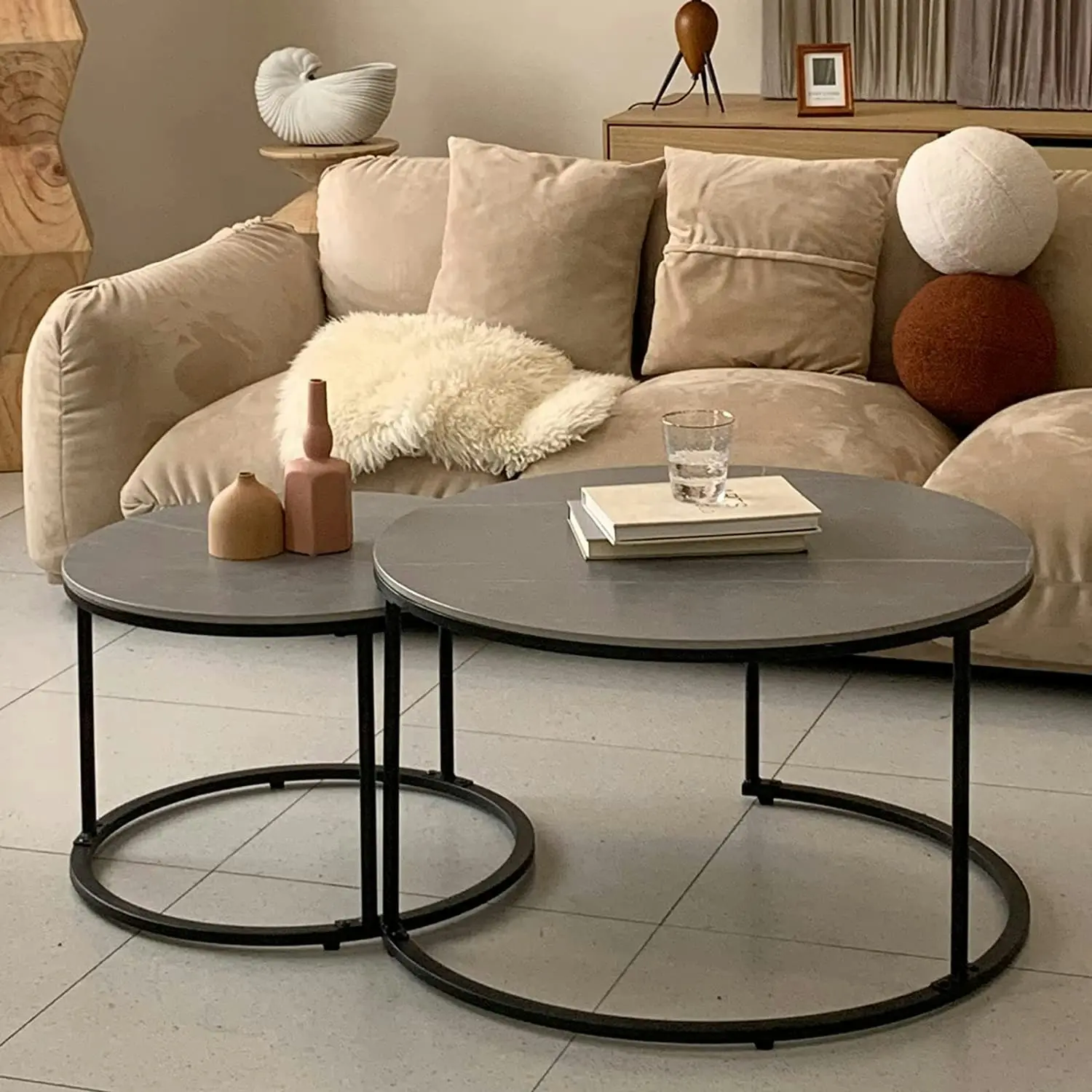 Set of 2 Coffee table, Round, Sintered Stone (Grey)