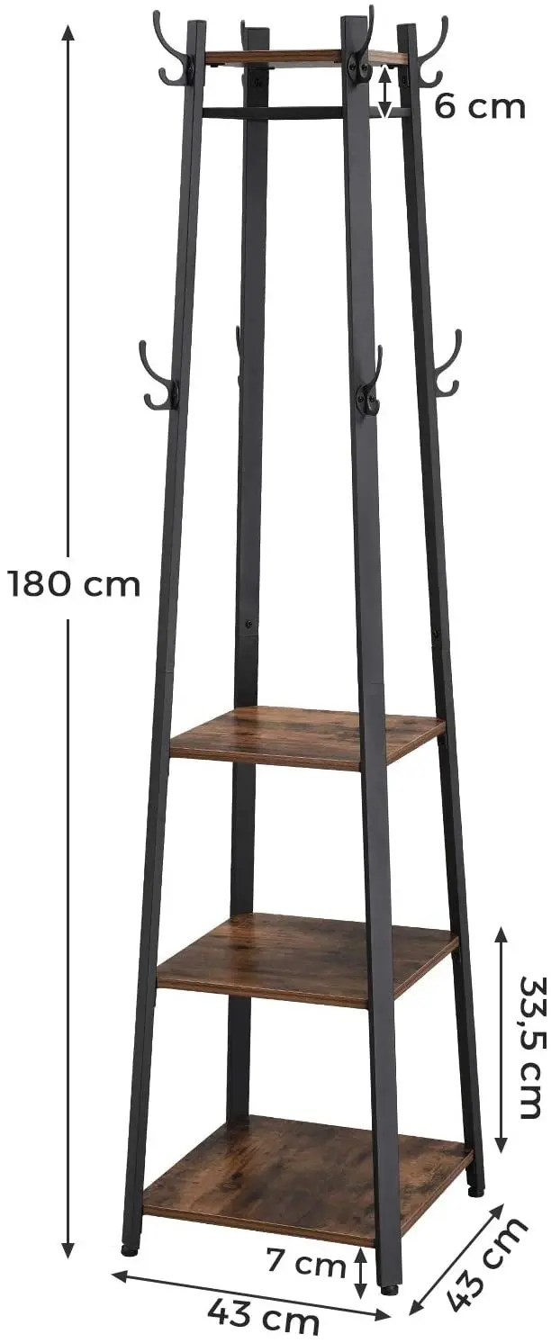 Coat Rack with 3 Shelves with Hooks , Rustic Brown and Black