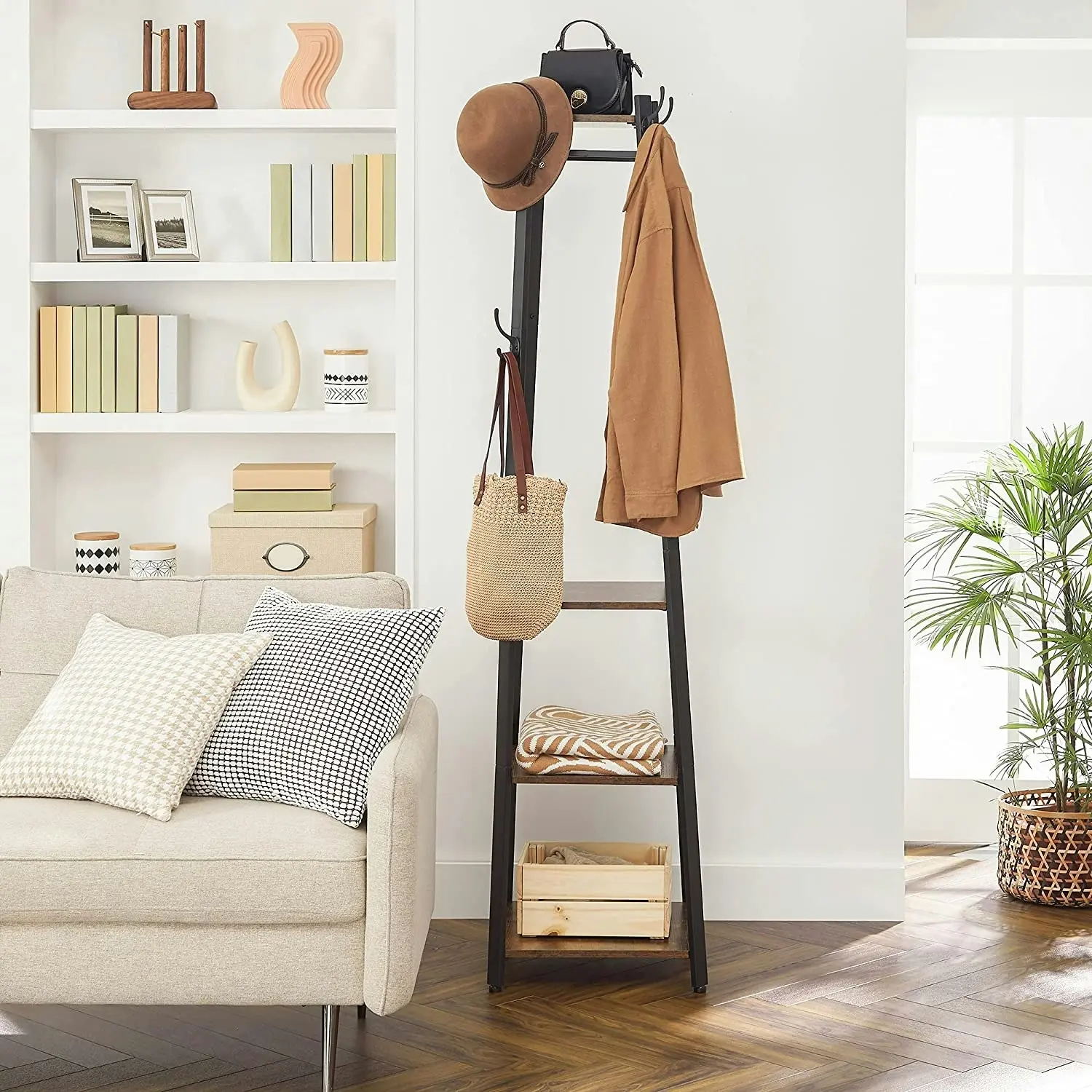 Coat Rack with 3 Shelves with Hooks , Rustic Brown and Black