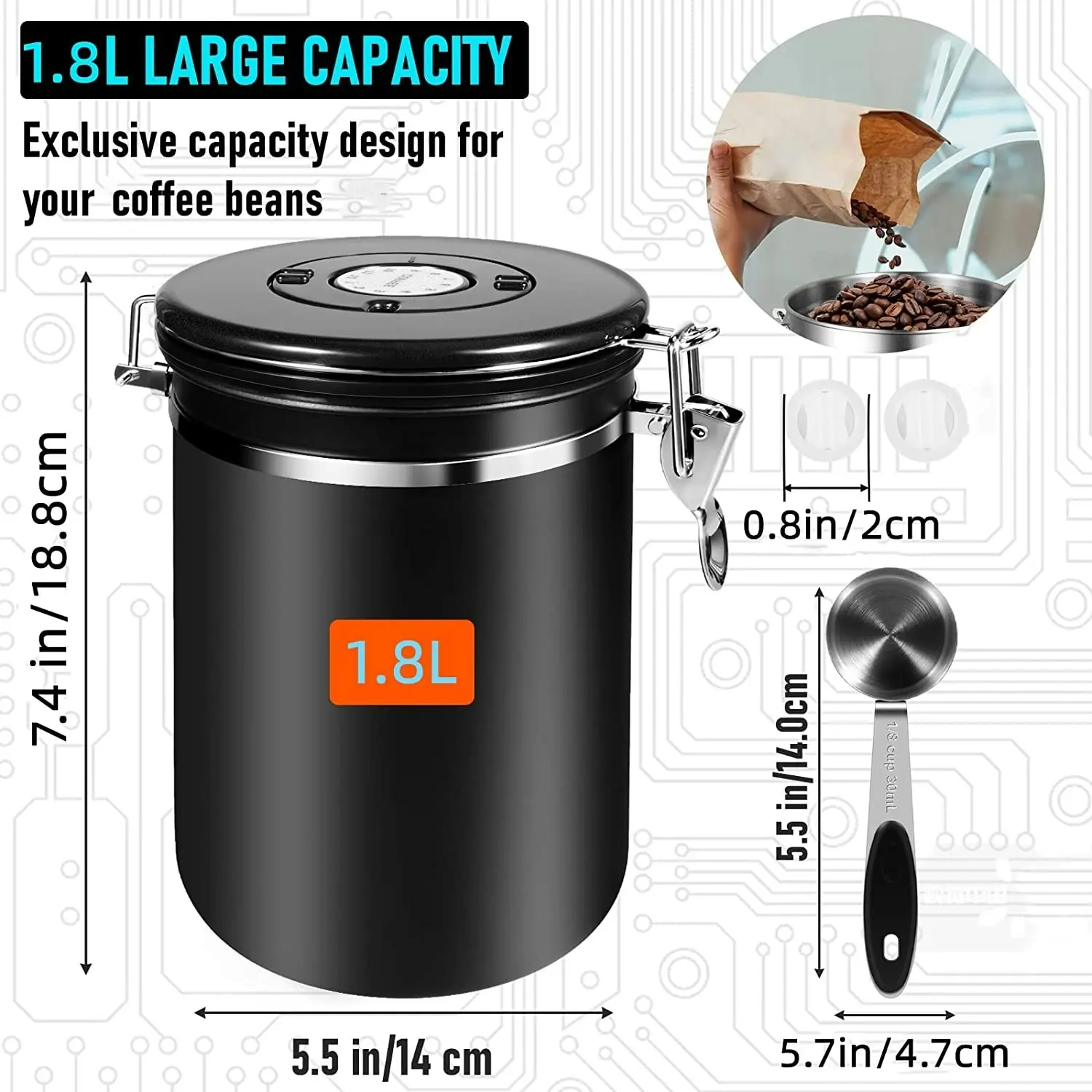 1.8L Airtight Stainless Steel Coffee Canister