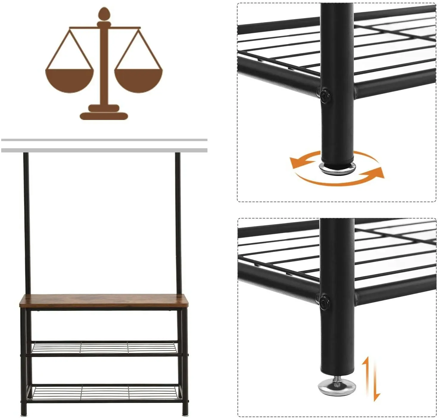 Rustic Brown Coat Rack Stand with Hallway Shoe Rack and Bench with Shelves, Matte Metal Frame, Height 175 cm