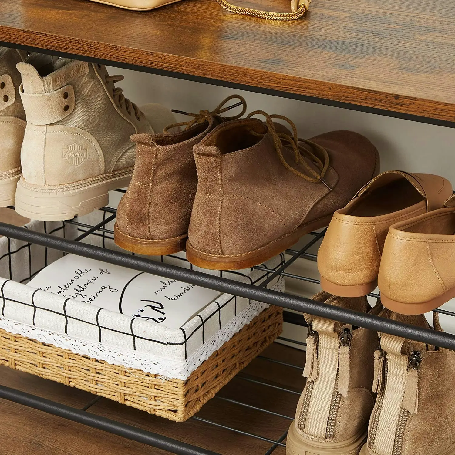 Rustic Brown Coat Rack Stand with Hallway Shoe Rack and Bench with Shelves, Matte Metal Frame, Height 175 cm