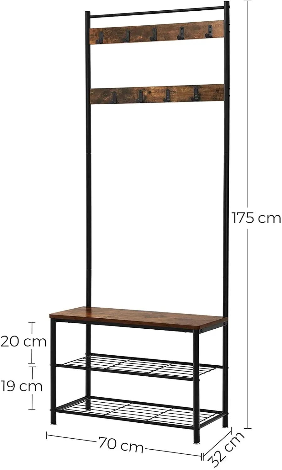 Rustic Brown Coat Rack Stand with Hallway Shoe Rack and Bench with Shelves, Matte Metal Frame, Height 175 cm