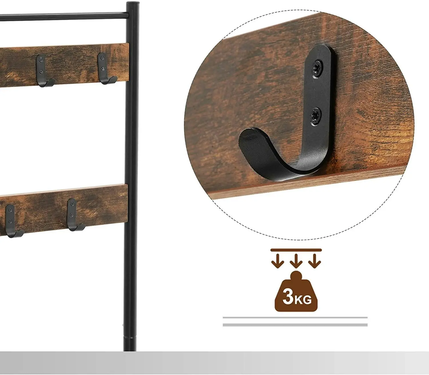 Rustic Brown Coat Rack Stand with Hallway Shoe Rack and Bench with Shelves, Matte Metal Frame, Height 175 cm