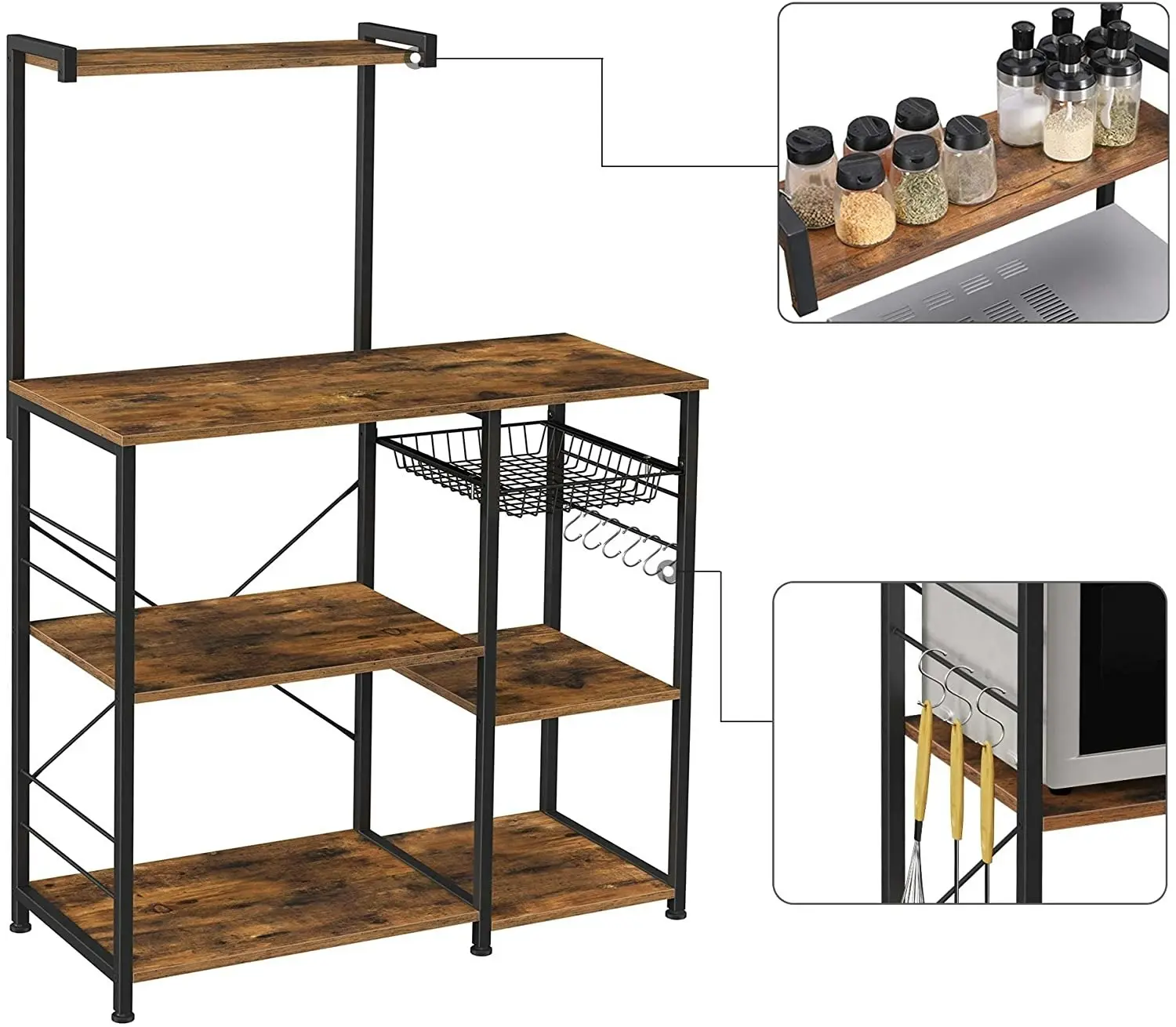 Kitchen Bakers Rack with Shelves, Microwave Stand with Wire Basket and 6 S-Hooks, Rustic Brown