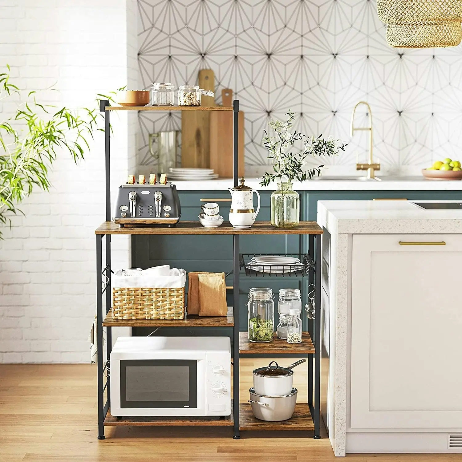 Kitchen Bakers Rack with Shelves, Microwave Stand with Wire Basket and 6 S-Hooks, Rustic Brown