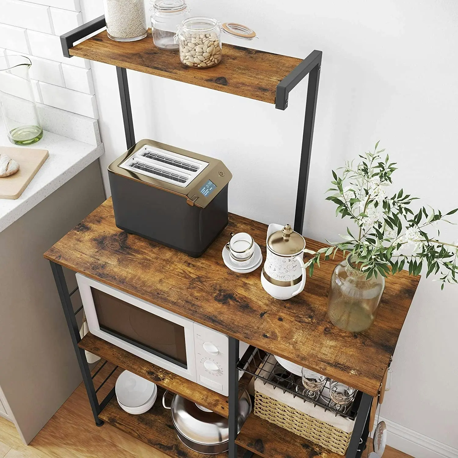 Kitchen Bakers Rack with Shelves, Microwave Stand with Wire Basket and 6 S-Hooks, Rustic Brown