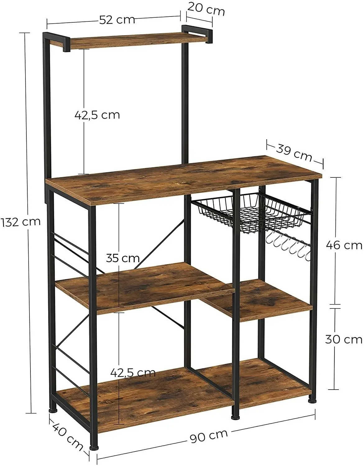 Kitchen Bakers Rack with Shelves, Microwave Stand with Wire Basket and 6 S-Hooks, Rustic Brown