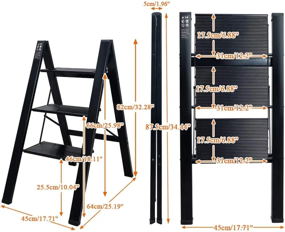 3 Step Ladder Lightweight Folding Aluminum Heavy Duty Stepladders Storage Shelf Rack Anti-Slip Platform Household Office Painting Black