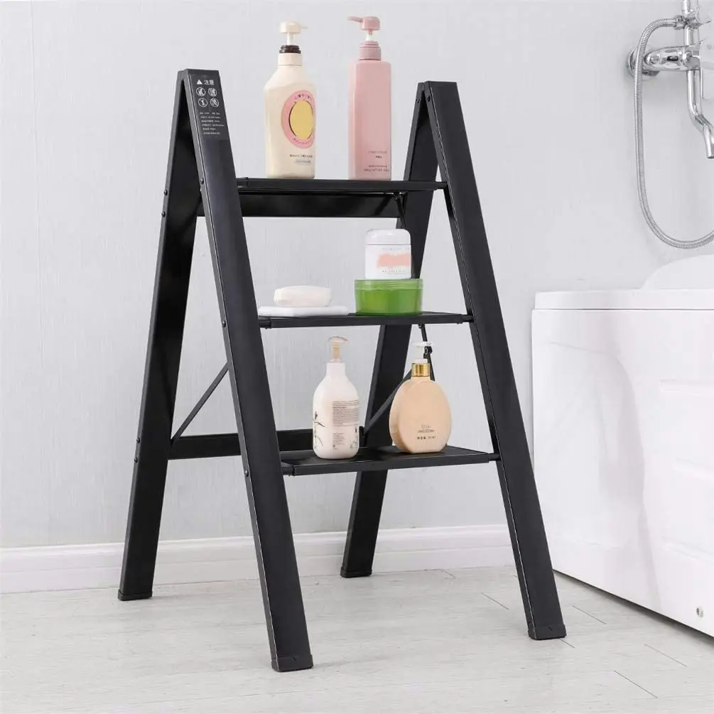 3 Step Ladder Lightweight Folding Aluminum Heavy Duty Stepladders Storage Shelf Rack Anti-Slip Platform Household Office Painting Black