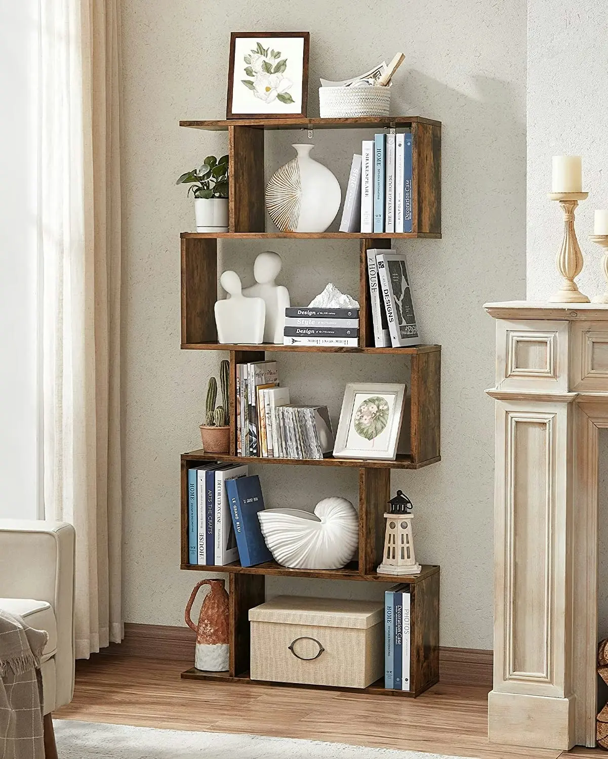 Rustic Brown 5-Tier Wooden Bookcase - Freestanding Display Shelf and Room Divider