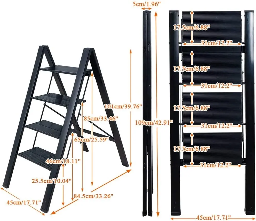 4 Step Ladder Lightweight Folding Aluminum Heavy Duty Stepladders Storage Shelf Rack Anti-Slip Platform Household Office Painting Black