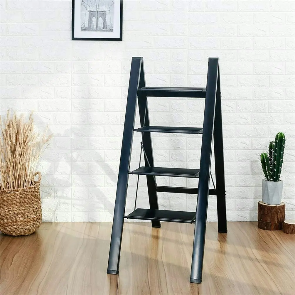 4 Step Ladder Lightweight Folding Aluminum Heavy Duty Stepladders Storage Shelf Rack Anti-Slip Platform Household Office Painting Black