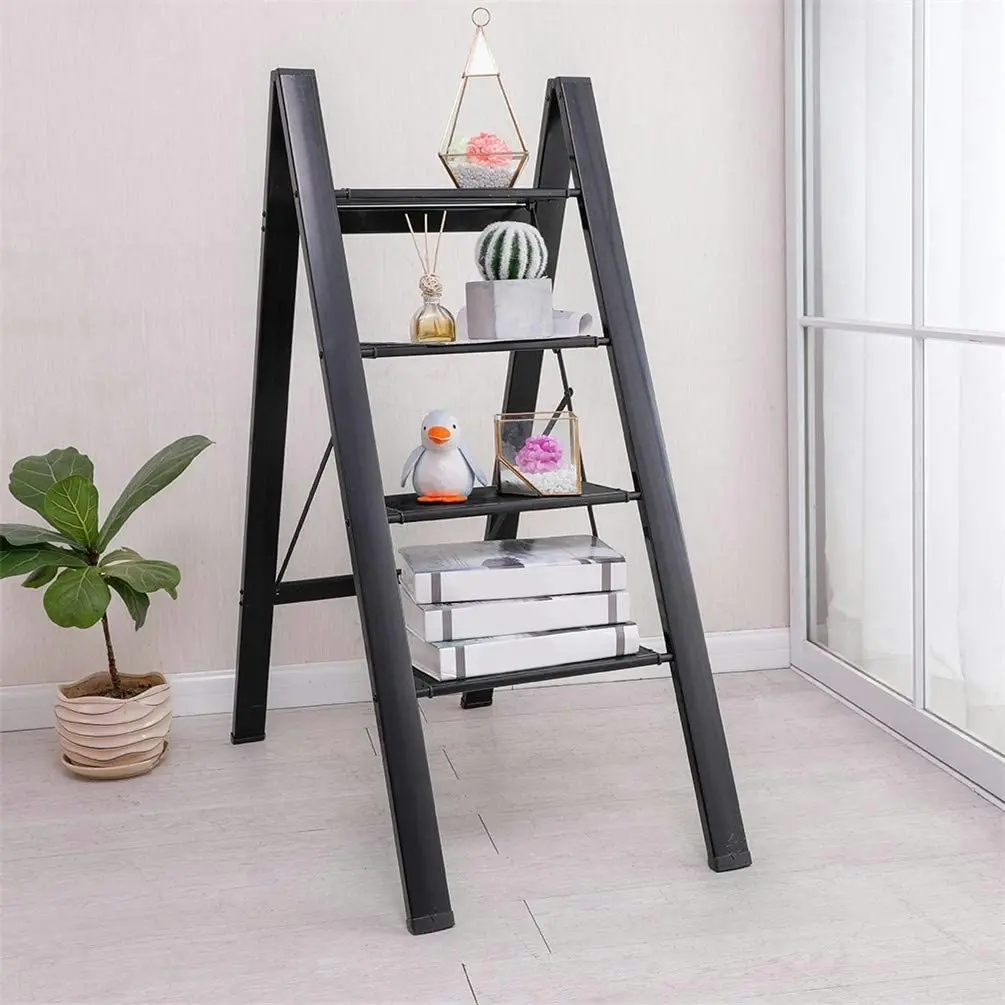 4 Step Ladder Lightweight Folding Aluminum Heavy Duty Stepladders Storage Shelf Rack Anti-Slip Platform Household Office Painting Black