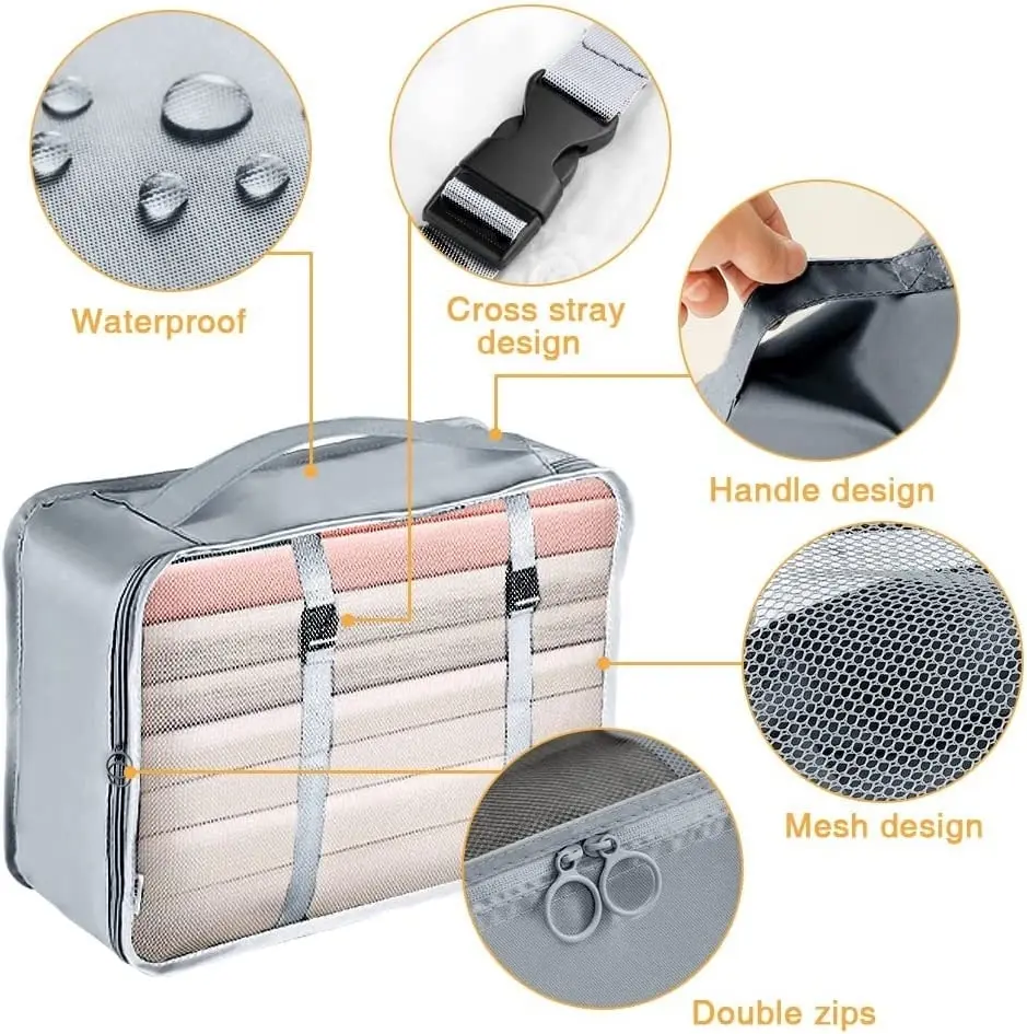 Packing Cubes Suitcase 9PCS Travel Luggage Organizers Waterproof Storage Bags Grey