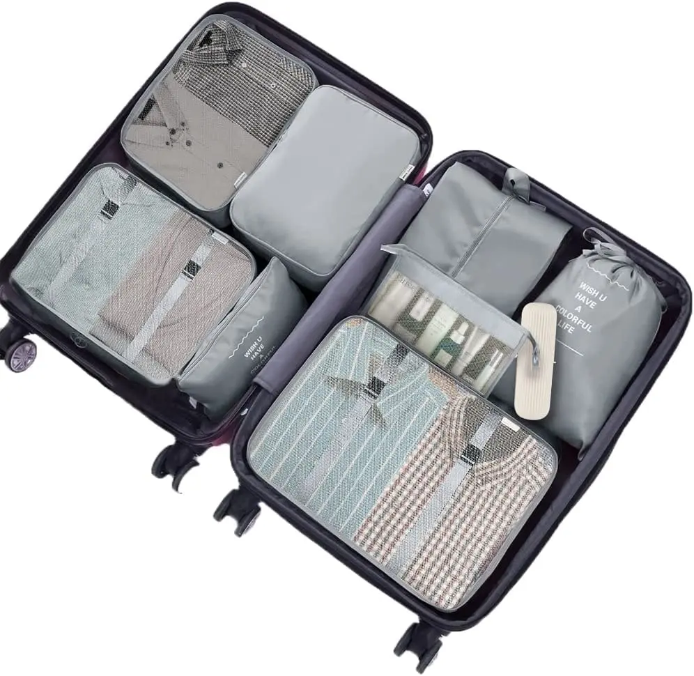 Packing Cubes Suitcase 9PCS Travel Luggage Organizers Waterproof Storage Bags Grey