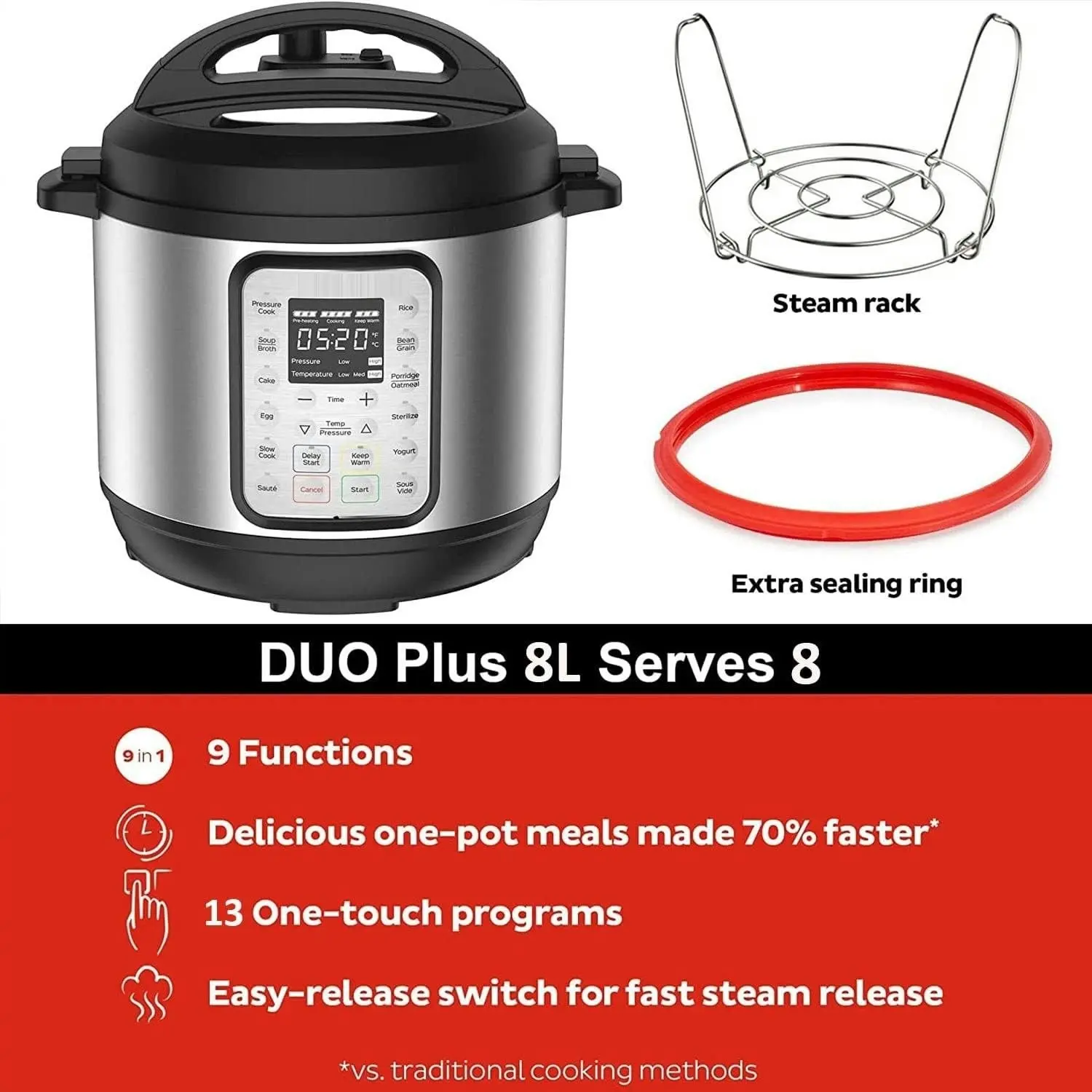 9 in 1 Yogurt Maker, Steamer, Warmer Pot Duo Plus 8L Electric Pressure Cooker