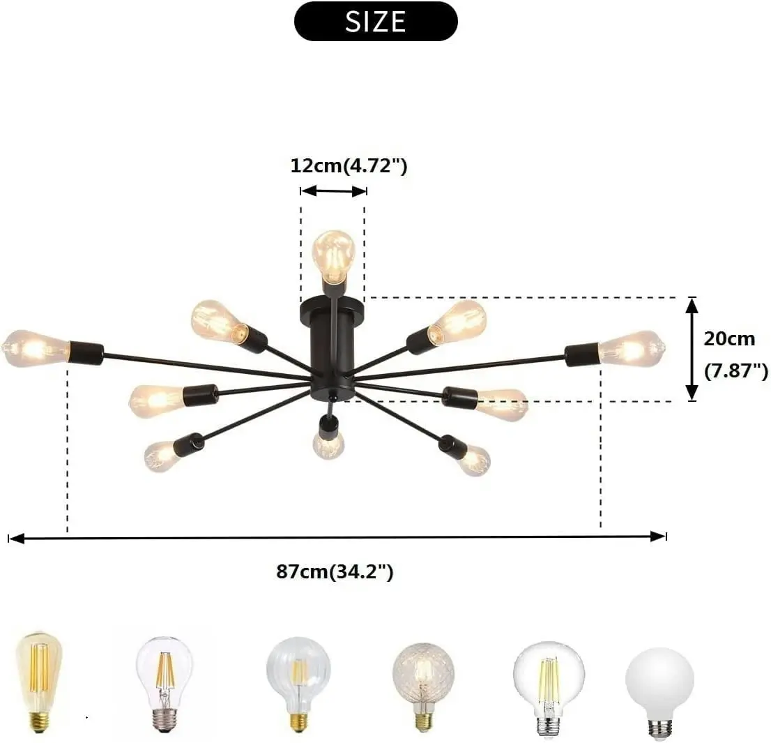 10 Lights, Modern Semi Mount Ceiling Light (Black)