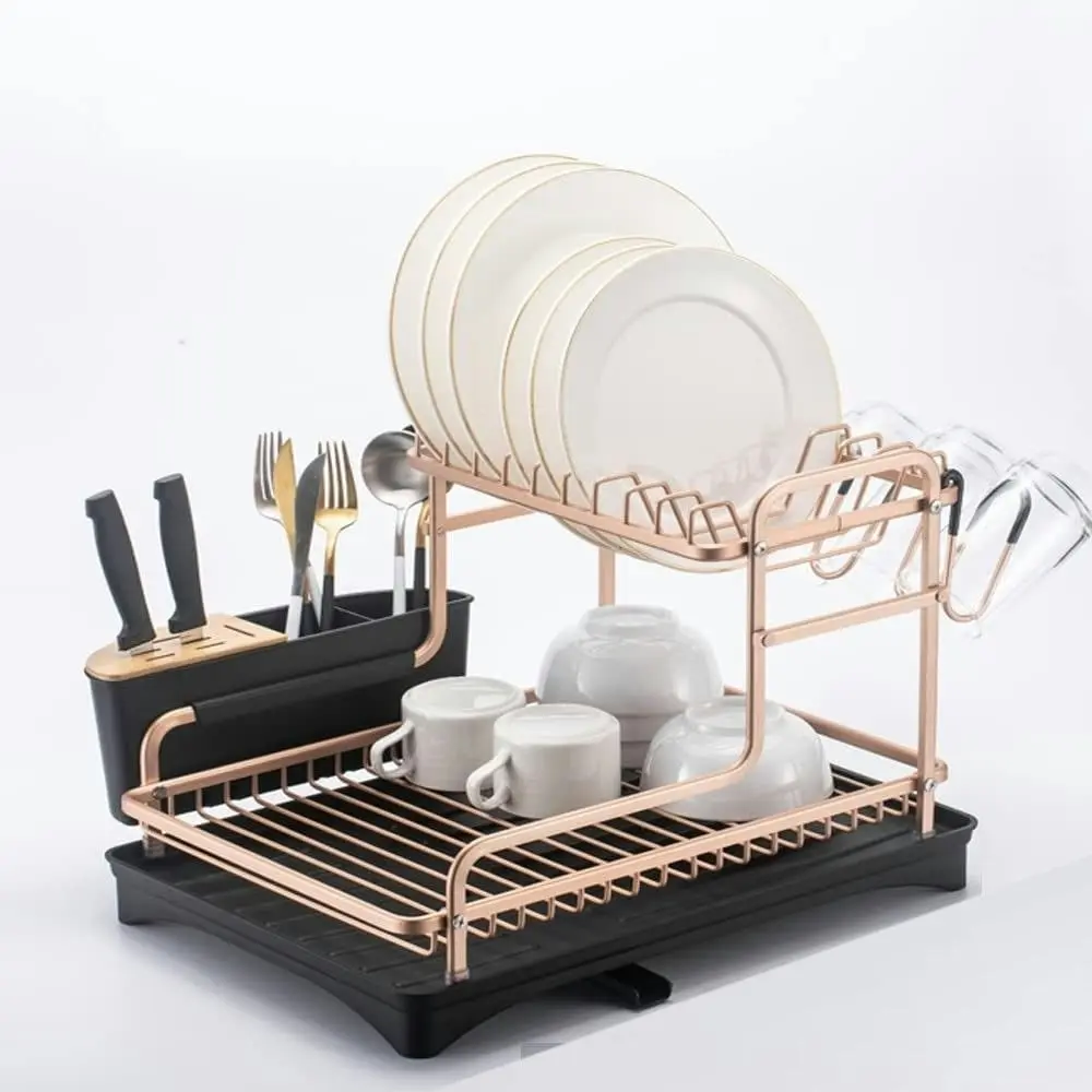 Aluminum Dish Drying Rack with Removable Cutlery Holder and Cup Holde