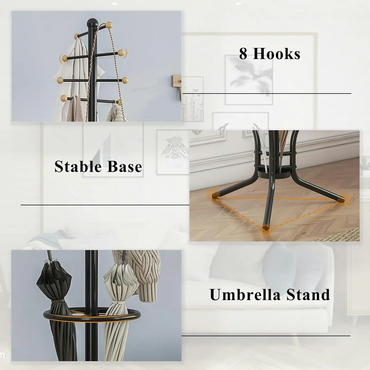 Coat Rack Stand with Umbrella Holder, 12 Hooks