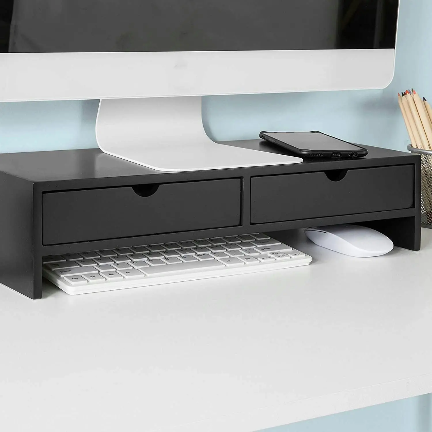 VIKUS Black Monitor Stand Desk Organizer with 2 Drawers