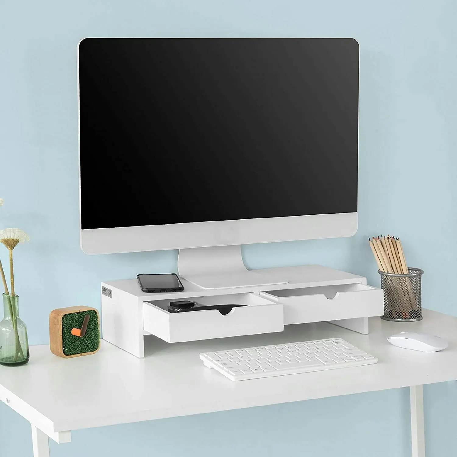 VIKUS White Monitor Stand Desk Organizer with 2 Drawers