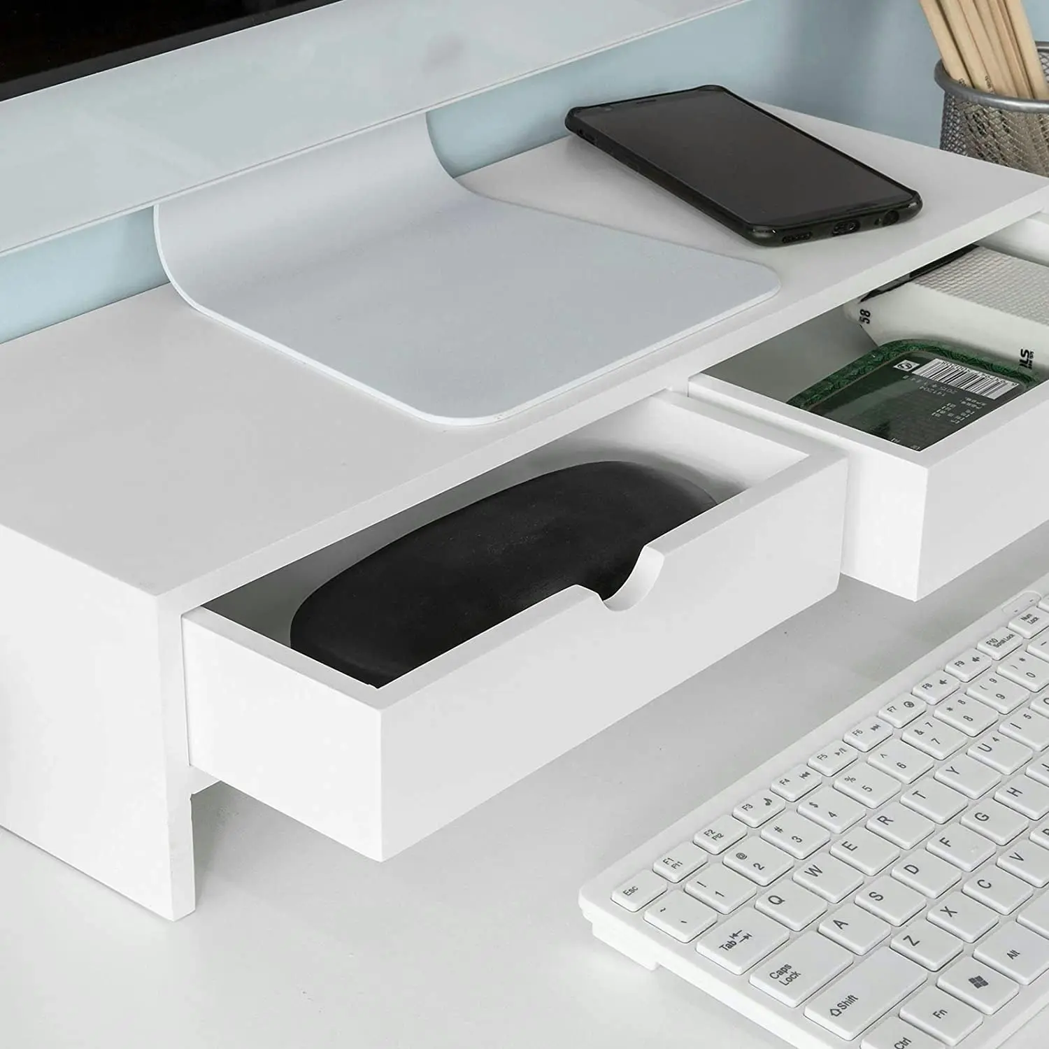 VIKUS White Monitor Stand Desk Organizer with 2 Drawers