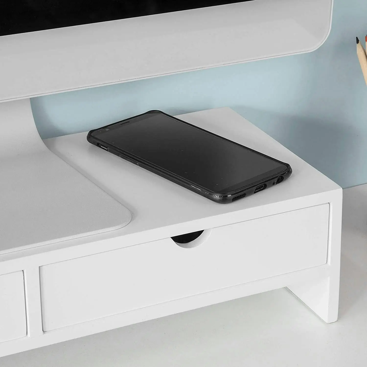 VIKUS White Monitor Stand Desk Organizer with 2 Drawers