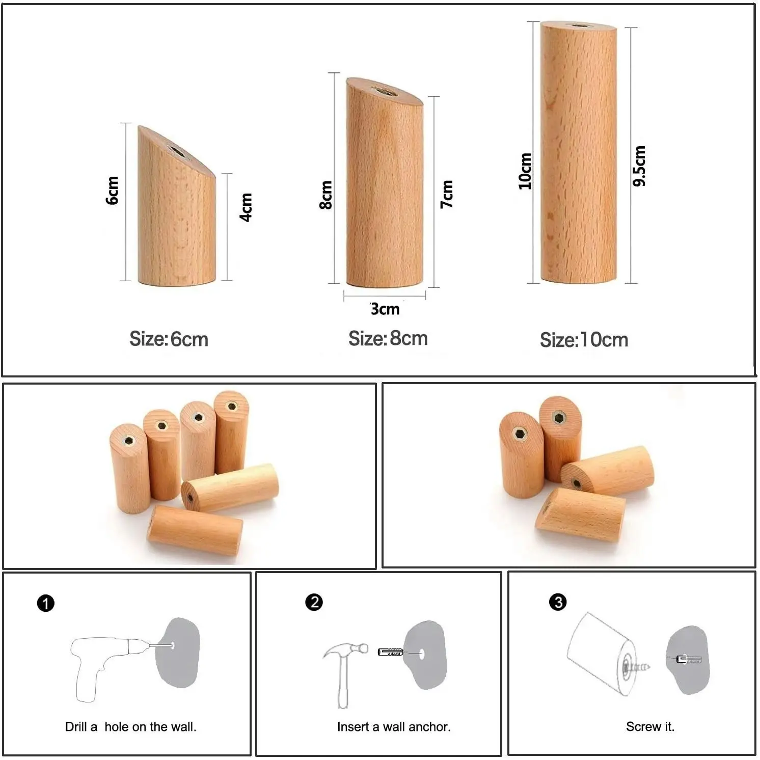 6 Pack Decorative Wood Wall Hooks (Beech)