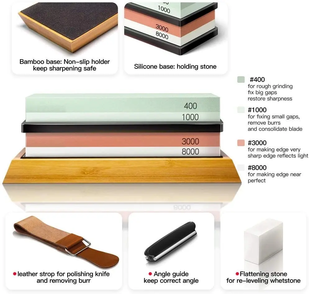 Knife Sharpening Stone Kit, 4 Side Grit 400/1000 3000/8000