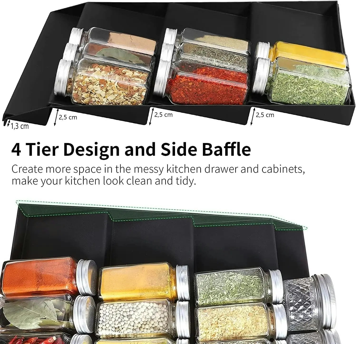 4 Tier Spice Rack Drawer Organizer Kitchen Cabinet Insert 30-60 cm W 2 Pack Black