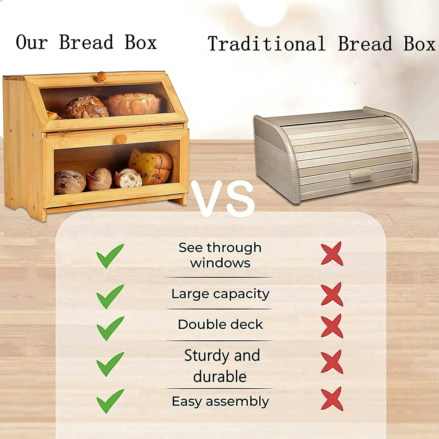 Double Layer Large Bread Box Kitchen Countertop Wooden Capacity Bamboo Farmhouse Style Clear Window Self-Assembly