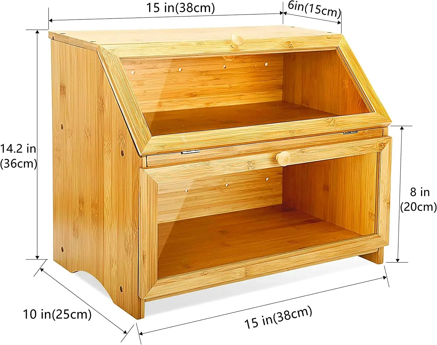 Double Layer Large Bread Box Kitchen Countertop Wooden Capacity Bamboo Farmhouse Style Clear Window Self-Assembly