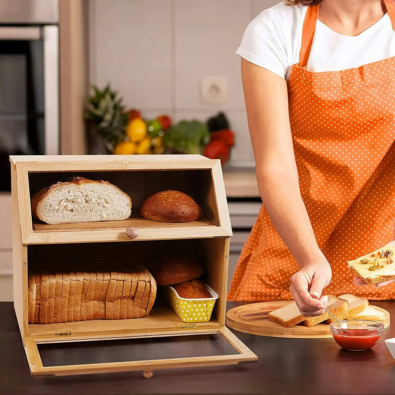 Double Layer Large Bread Box Kitchen Countertop Wooden Capacity Bamboo Farmhouse Style Clear Window Self-Assembly