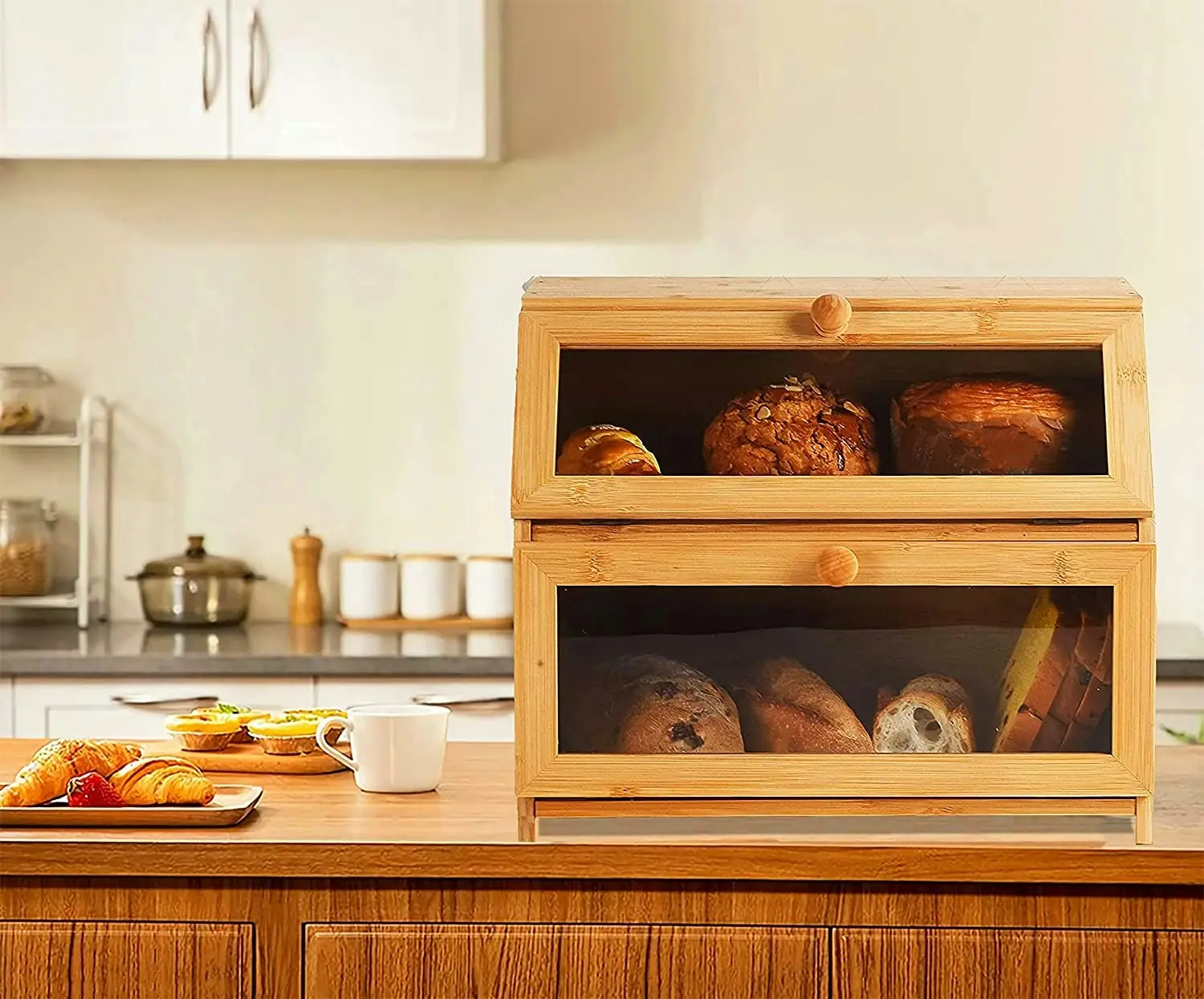 Double Layer Large Bread Box Kitchen Countertop Wooden Capacity Bamboo Farmhouse Style Clear Window Self-Assembly