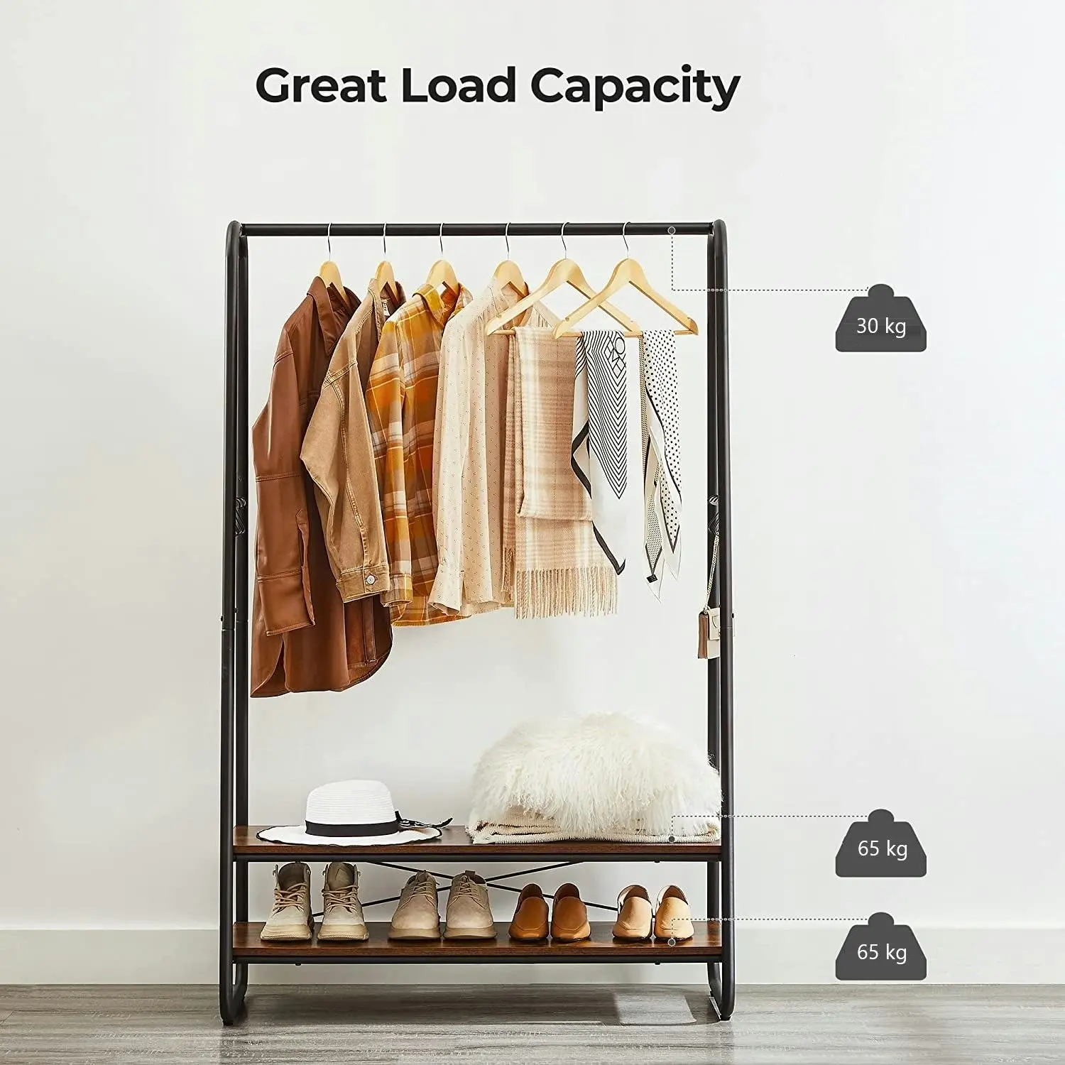 Rustic Brown and Black Heavy Duty Clothes Rack - Garment Rack with 2 Shelves and 6 S Hooks