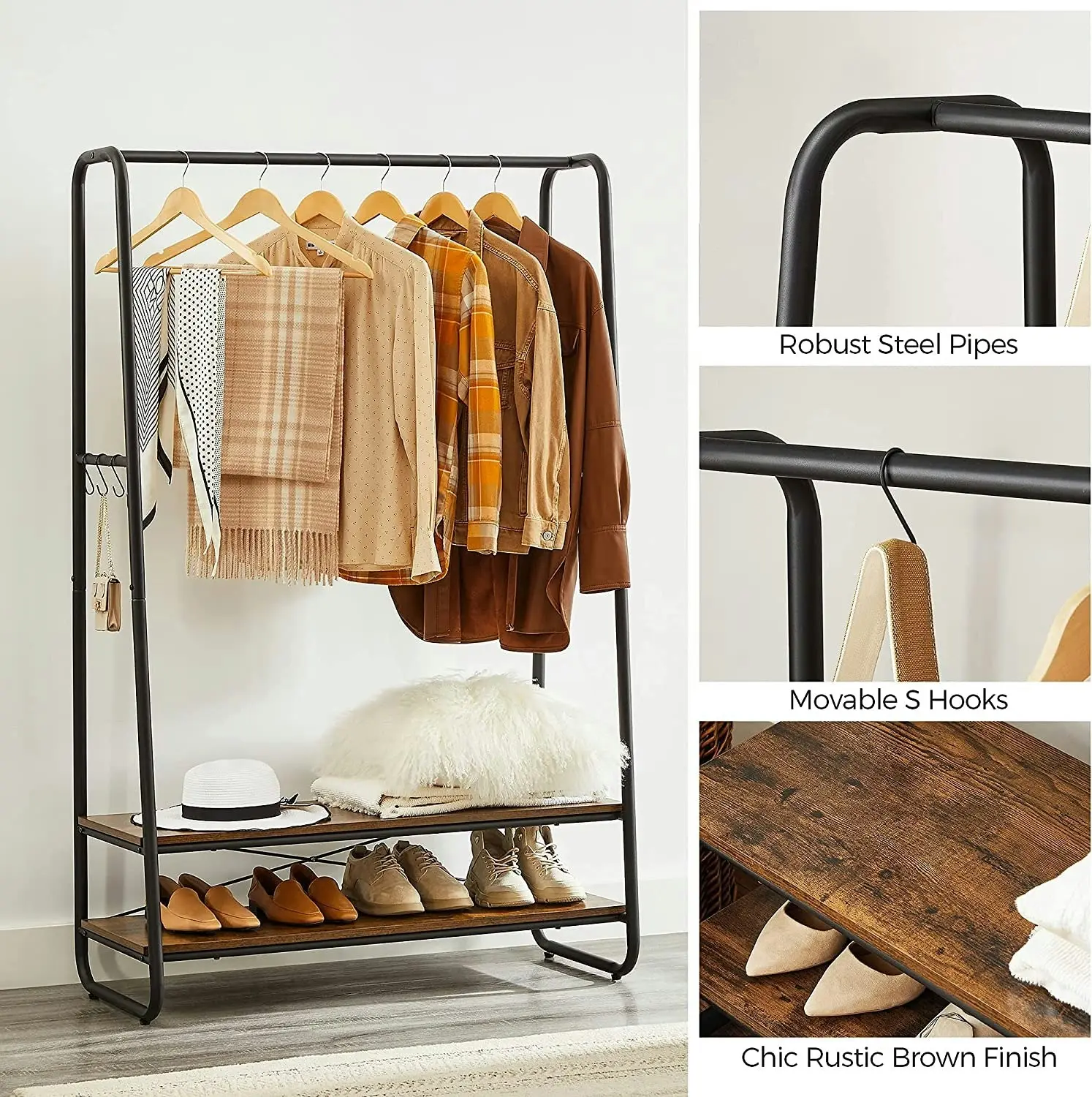 Rustic Brown and Black Heavy Duty Clothes Rack - Garment Rack with 2 Shelves and 6 S Hooks