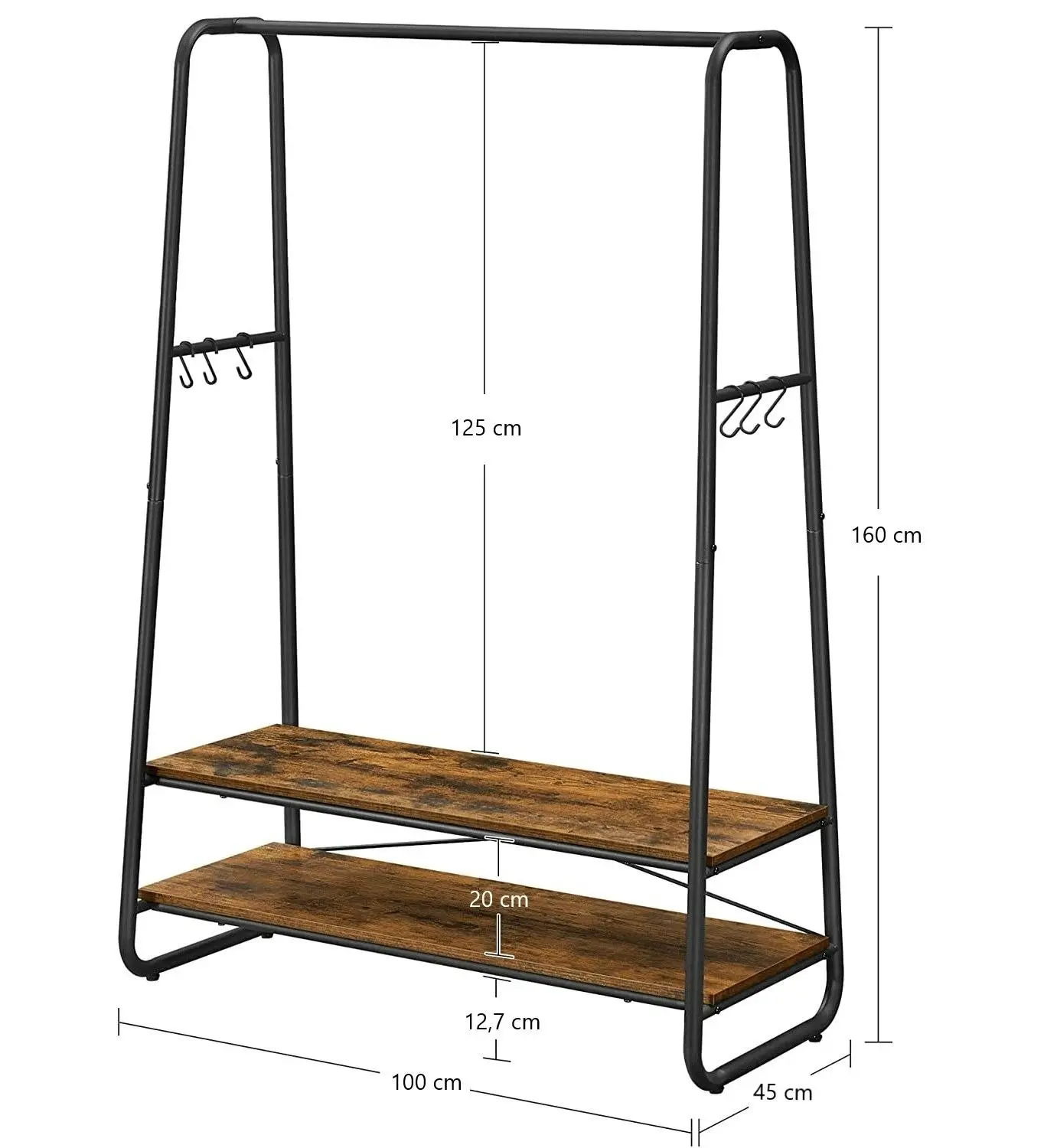 Rustic Brown and Black Heavy Duty Clothes Rack - Garment Rack with 2 Shelves and 6 S Hooks