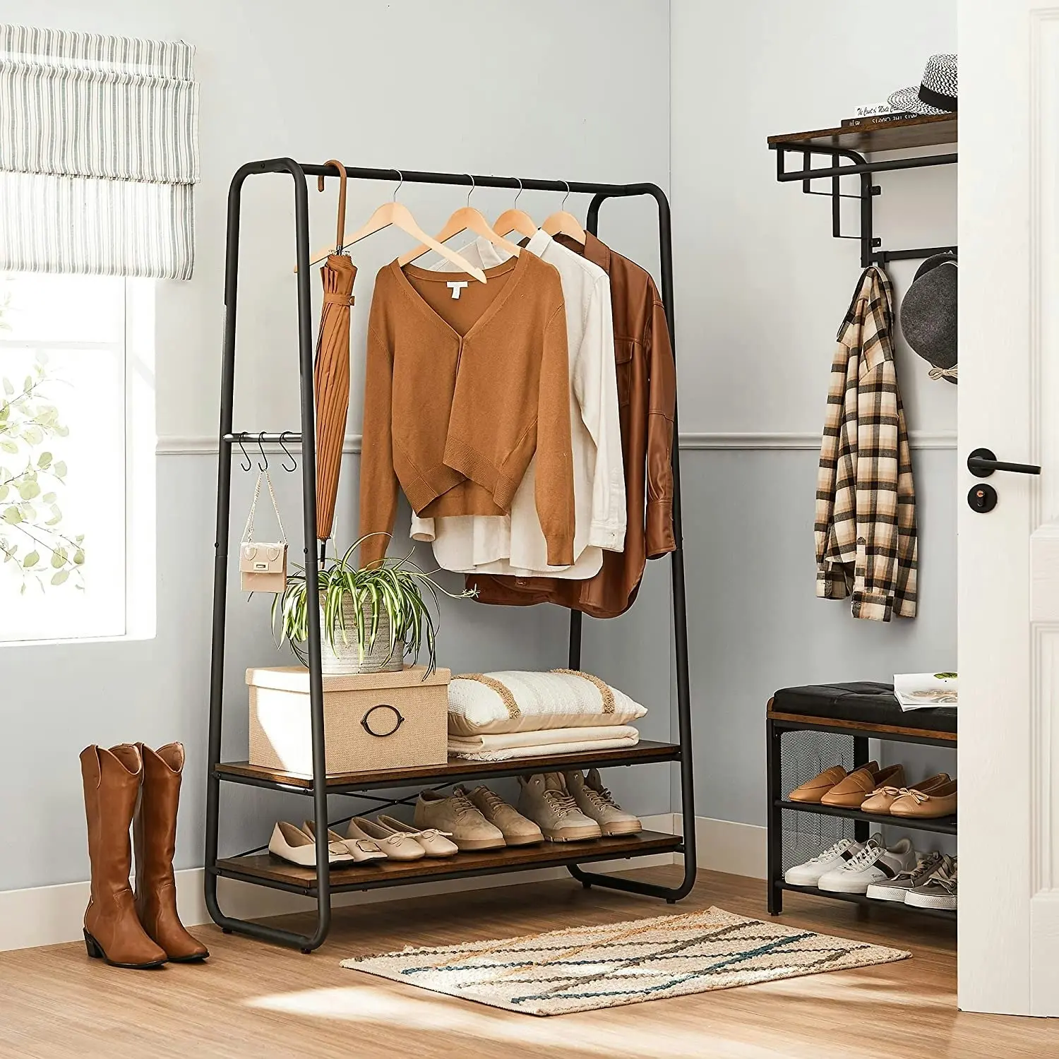 Rustic Brown and Black Heavy Duty Clothes Rack - Garment Rack with 2 Shelves and 6 S Hooks