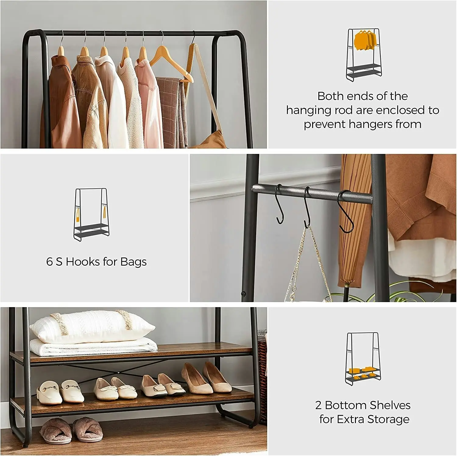 Rustic Brown and Black Heavy Duty Clothes Rack - Garment Rack with 2 Shelves and 6 S Hooks