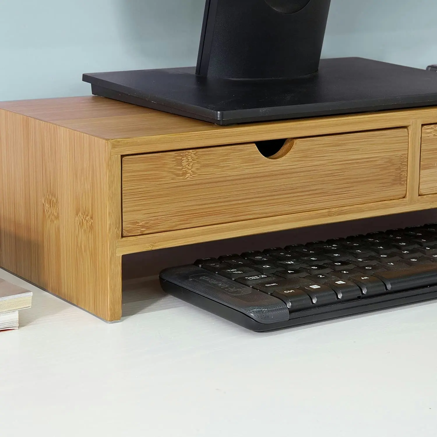 VIKUS Bamboo Monitor Stand Desk Organizer with 2 Drawers