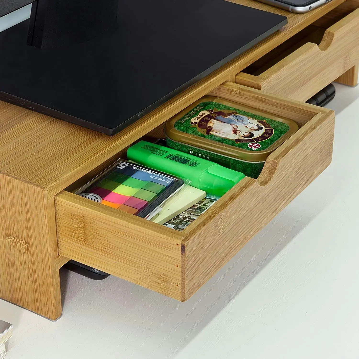 VIKUS Bamboo Monitor Stand Desk Organizer with 2 Drawers