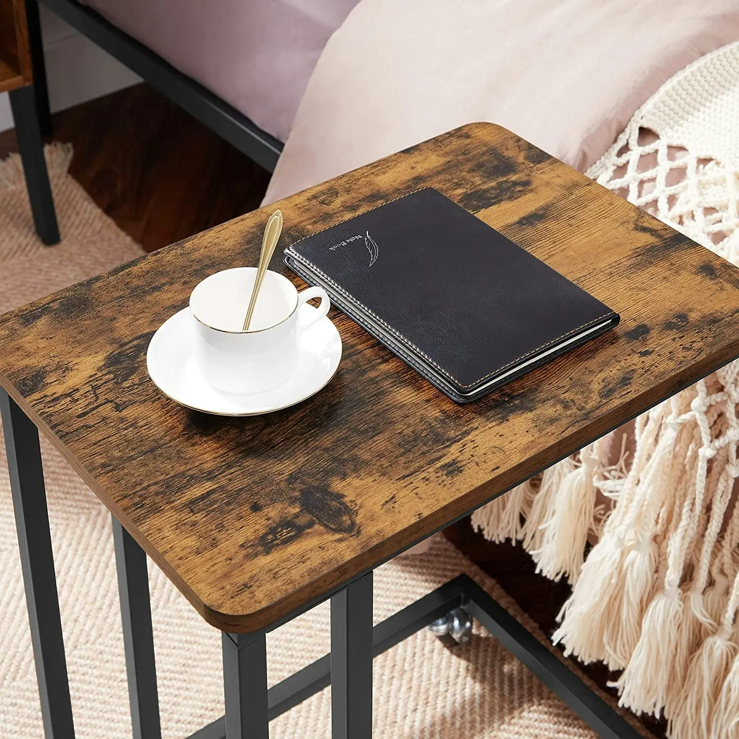 Coffee Table with Steel Frame and Castors, Rustic Brown and Black