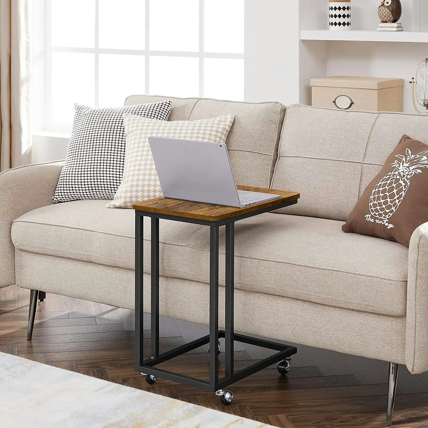 Coffee Table with Steel Frame and Castors, Rustic Brown and Black