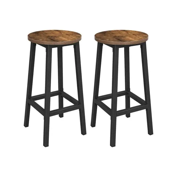 Set of 2 Bar Stools with Sturdy Steel Frame Rustic Brown and Black,  65 cm Height